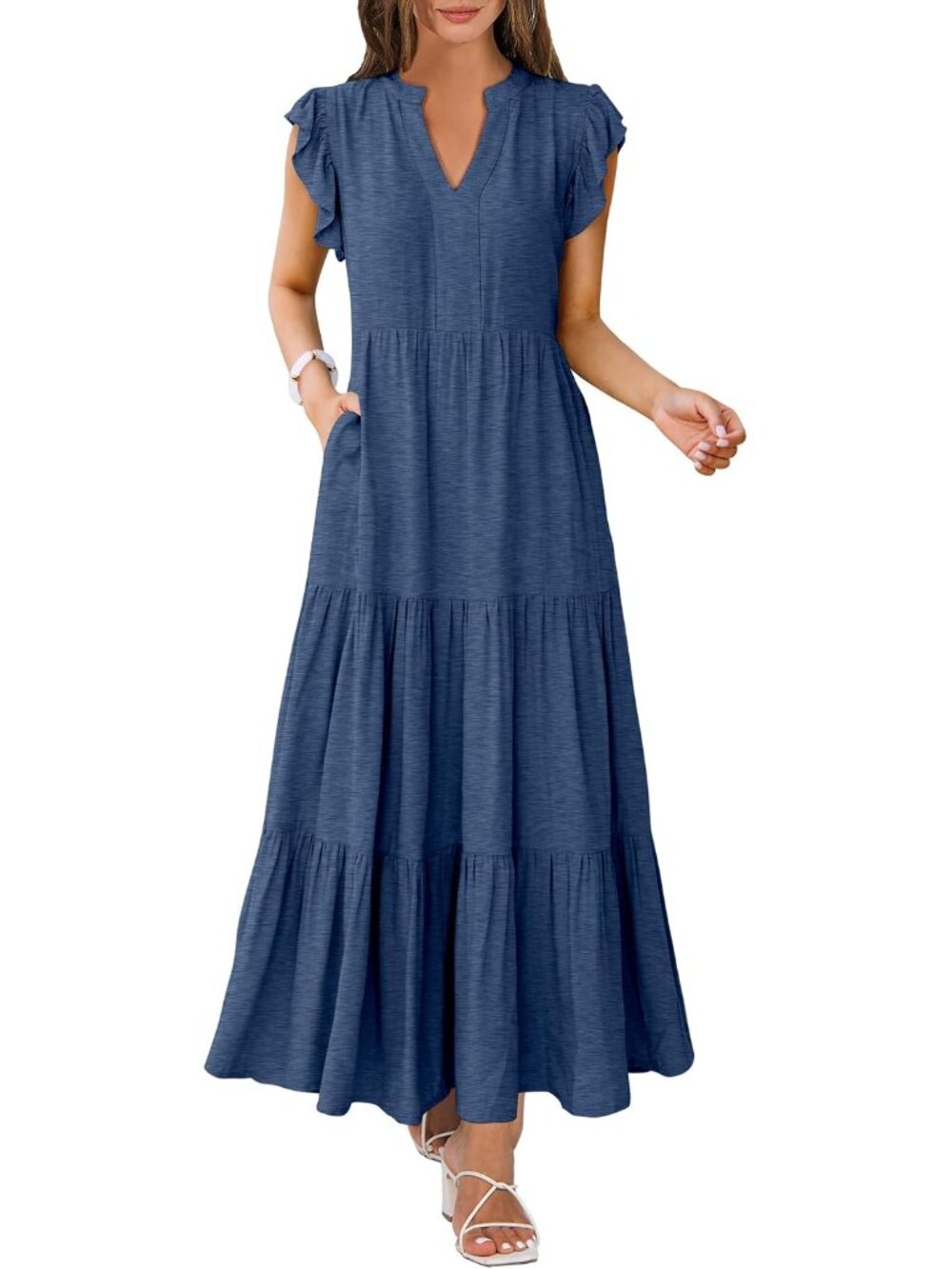 Chic Women's Summer Ruffle Sleeve V-Neck Maxi Dress